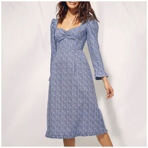 Aritzia Wilfred Size 8 Polly Blue Floral Smocked Sweetheart Midi Dress